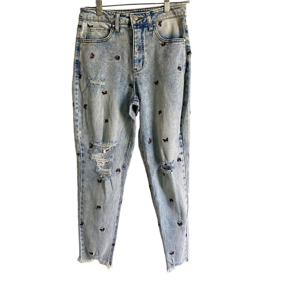 Tinseltown Distressed High Rise Jeans With Butterflies Size 7 NEW NWT